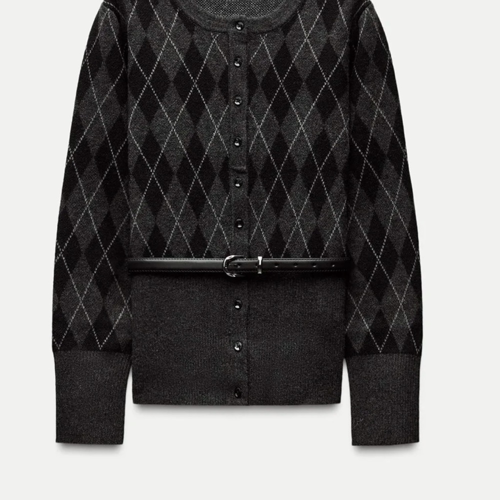 BELTED ARGYLE KNIT SWEATER